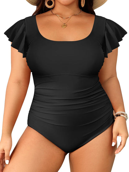 Plus Size One Piece Swimsuit - Women Tummy Control Bathing Suit Ruffle Vintage Swimwear with Sleeves