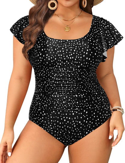 Plus Size One Piece Swimsuit - Women Tummy Control Bathing Suit Ruffle Vintage Swimwear with Sleeves